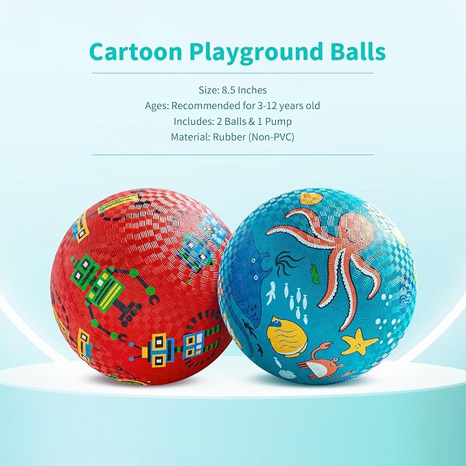 ZOOJOY Pack of 2 Cartoon Playground Balls, Balls for Kids 3+, 8.5" Rubber Balls for Dodgeball, Non-Slip Rubber Bouncy Kickball Set, Indoor & Outdoor Game Toys for Boys Girls with Pump