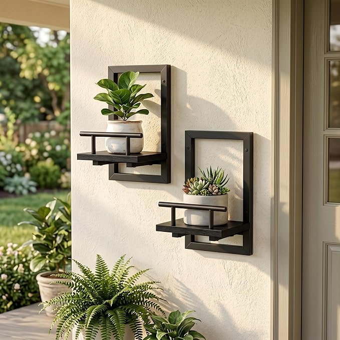 Sbosbo Floating Shelves for Wall Plant Shelf Indoor Wall Mounted Shelves | Wall Planters for Indoor Floating Plant Shelves for Bedroom, Living Room, Kitchen, Office, Bathroom Decor (Black, 2 Pack)