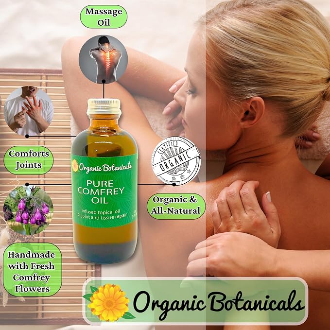 Pure Organic Comfrey Leaf Infused Oil - Skin Care for Joints, Back, Muscles, Fractures, Bruises, and Minor Wounds, Natural Herbal Body Massage Oil, Certified Organic (8 oz)