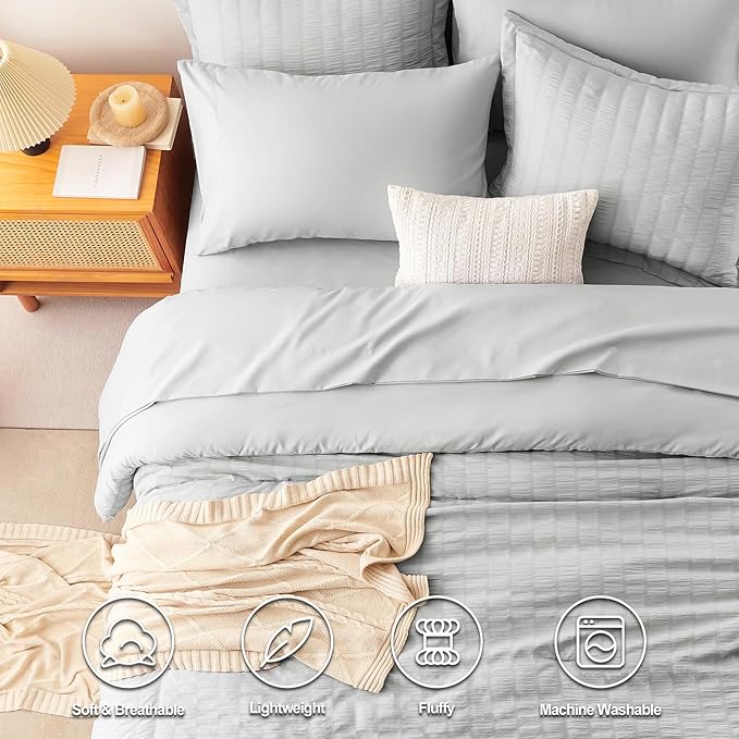 CozyLux Full Size Comforter Sets with Sheets 7 Pieces, Light Grey Seersucker Bed in a Bag Textured Luxury Soft Light Gray Bedding Set Down Alternative Comforter, Sheets, Pillowcases & Shams All Season