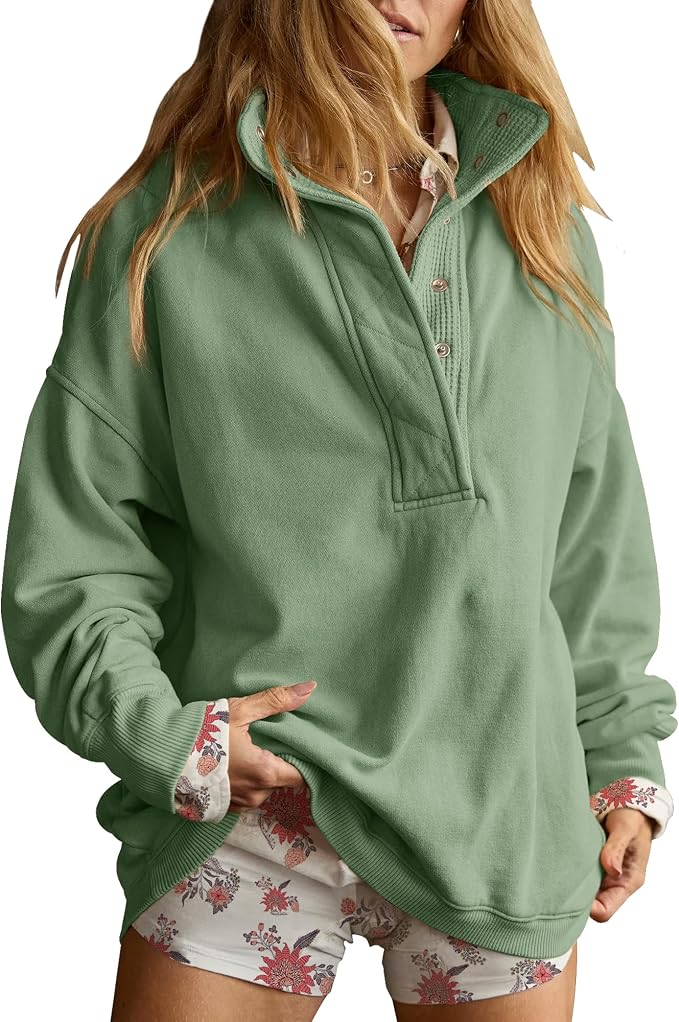 Gacaky Sweatshirt for Women Oversized Casual Long Sleeve Button Henley Neck Pullover Tops Fashion Outfits Clothes