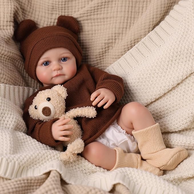BABESIDE 17 Inch Reborn Baby Dolls, Lifelike Newborn Doll with Soft Cloth Body, Handmade Baby Doll with Bear Hat & Toy, Set Includes Bottle, Magnetic Pacifier, Clothes, Gift for Kids Age 3+
