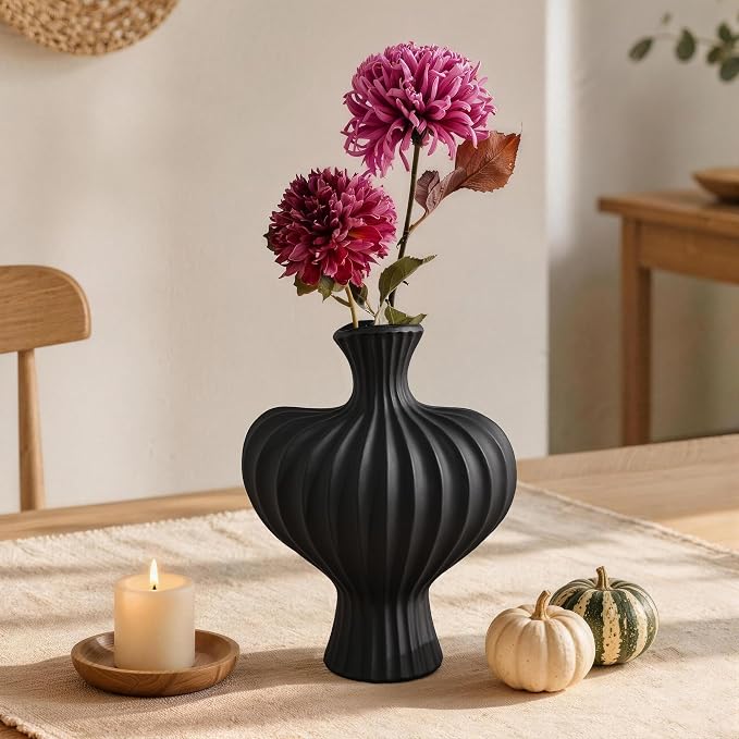 Ceramic Flower Vase Home Decor, 11 in Farmhouse Table Vases Rustic Vintage Living Room Kitchen Bedroom Decorations Pottery Decorative Vases for Flowers House Shelf Coffee Desk Dining Fireplace, Black