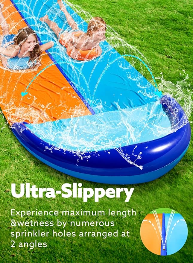 Sloosh 32.5FT Double Water Slides, Heavy Duty Lawn Slide with Sprinkler and 2 Inflatable Boards Backyard Yard Lawn Summer Outdoor Water Toy for Kids Adults