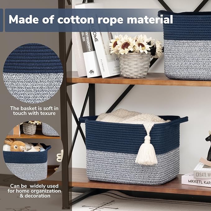 Goodpick Woven Storage Basket for Shelves, 13" x 10" x 9", Blue | Decorative Gift Basket for Nursery & Bedroom Organization, Cotton Rope Baskets for Books, Toys & Towels, Reinforced Handles