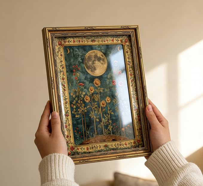 Vintage Gold Framed Celestial Moon Wall Art,Tarot Crescent Moon Painting Canvas Print,Gothic Moody Wildflowers Wall Decor,Dark Academia Vibe Poster Artwork,for Living Room Bedroom Bathroom