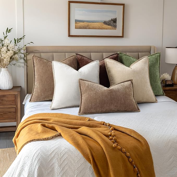 decorUhome Soft Chenille Throw Pillow Covers 26x26 Set of 2 Brown | Fall Textured Decorative Throw Pillow Cases Stitched Edge Modern Farmhouse Luxury Boho Velvet for Couch Sofa Bed Home Decor