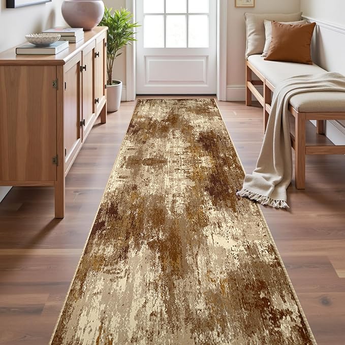 RELEANY Washable Runner 2'x10' Abstract Area Rug for Hallway Brown Tan | carpet for kitchen, entryway, bathroom, living room, bedroom, printed pattern, non-slip, soft, stain-resistant, easy to clean