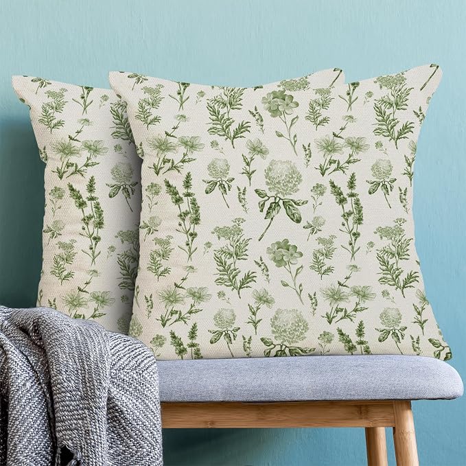 AEIOAE Sage Green Spring Pillow Covers 18x18 Inch Set of 2, Wild Flower Leaves Plant Throw Pillows Case,Seasonal Floral Outdoor Decorative Farmhouse Decor Cushion Covers for Home Sofa Bed Couch
