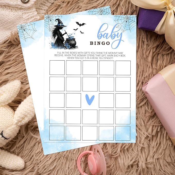 Hilarious Baby Shower Games, 25 Sets Halloween Baby Bingo Game, Blue Witch Gender Reveal Game Cards for Party Announcement Supplies - B03