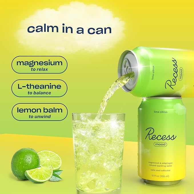 Recess Mood Lime Citrus Functional Sparkling Water, Magnesium & Adaptogen Infused Sparkling Water, 12 Fluid Ounce (Pack of 12)