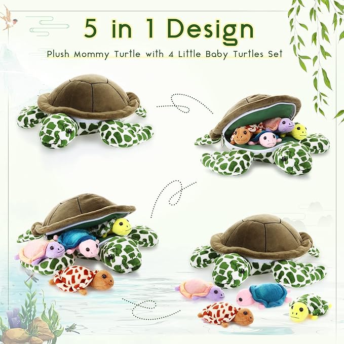 Aoriher 5 Pieces Plush Turtle Set Stuffed Turtle 12 Inch Stuffed Sea Turtle Mom with 4 Little Turtles Soft Plush Stuffed Animal Toys Tortoise Hugging for Birthday Easter, Christmas(Vivid Style)