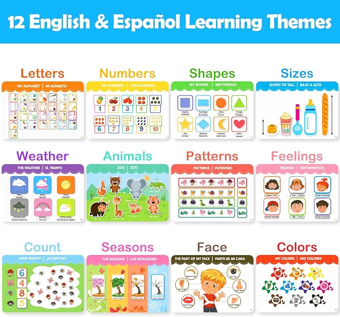 Spanish & English Bilingual Montessori Book for Toddlers 2-4 3-5, Pre-Assembled Reusable Sticker Activities Toy for Kids to Learn Spanish - Speech Therapy Travel Girls Boys Gifts - Juguetes Para Niñas