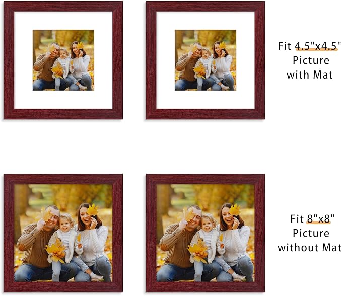 Picrit 8x8 Picture Frame Set of 12, Display 5x5 with Mat or 8 x 8 Without Mat, Photo Frames for Wall Mounting or Table Top Display, Dark Red Wood