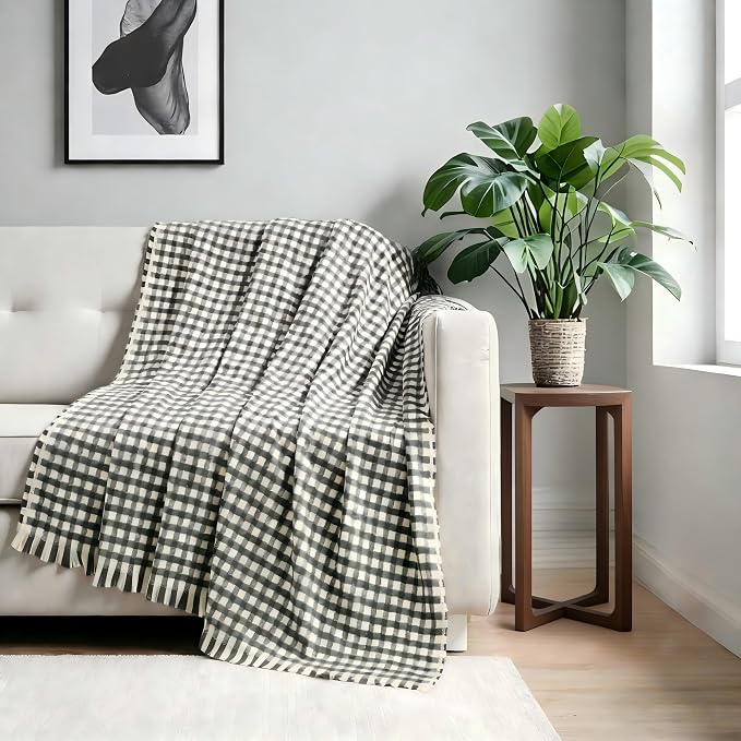 CREVENT Farmhouse Boho Knitted Throw Blanket for Couch Sofa Chair Bed Home Decoration, Soft Warm Cozy Light Weight for Spring Summer Fall (50''X60'' Plaid Black)