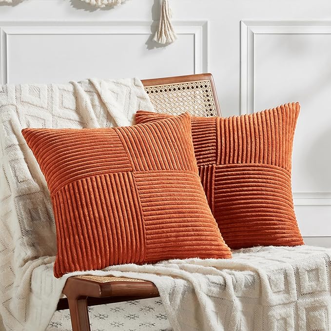 Fancy Homi Set of 2 Burnt Orange Samll Decorative Throw Pillow Covers 12x12 Inch for Living Room Couch Bed, Boho Farmhouse Fall Home Decor, Soft Corss Corduroy Patchwork Textured Cushion Case 30x30cm