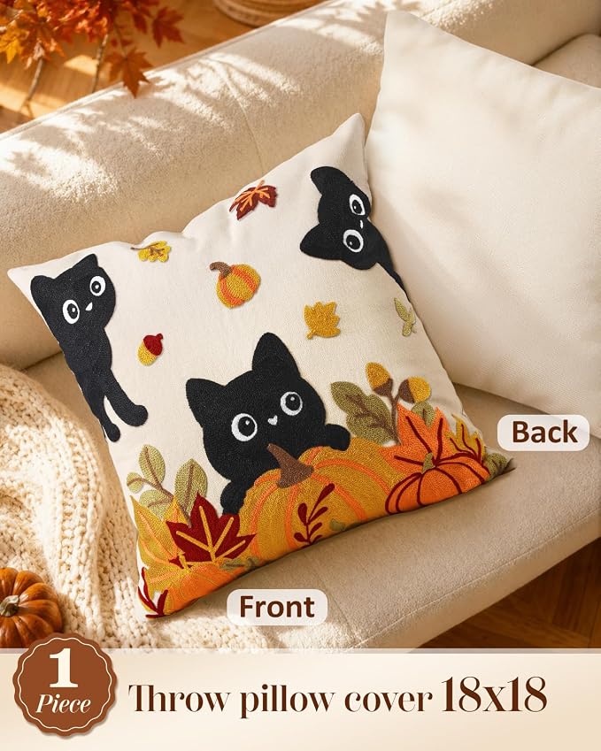 Fall Embroidered Throw Pillow Cover 18x18 Inch, Cat Pumpkin | Decorative Pillow Cover, Fall Cushion Cases with Hidden Zipper, Autumn Halloween Decor for Couch, Sofa, Living Room