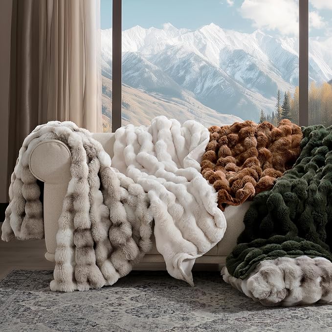 Faux Rabbit Fur Bubble Throw Blanket, 50"x60", Ivory White | Ultra Soft, Luxury Faux Rabbit Fur Throw, Thick Warm Bubble Blanket, Cozy Fluffy Reversible, for Bed, Couch, Chair, Sofa