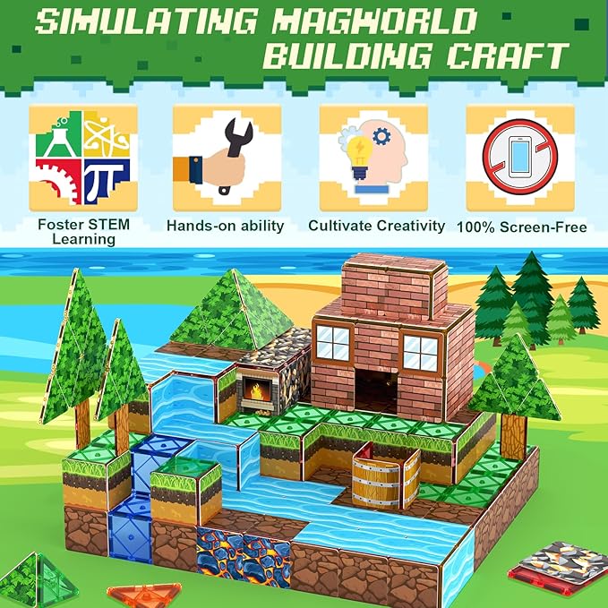 84PCS Magnetic Tiles Building Blocks with Toppers Simulate Mine Magworld Building Craft Construction Game Playset Kids Toys Learning Sensory Toys Gift for Age 4-6, 5-7, 8-12 Boys Girls Gamers