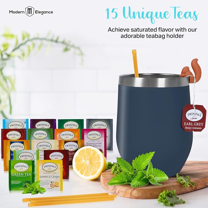 Tea Gifts for Men – Sampler Set with 15 Unique Blends, Honey Sticks, Insulated Stainless Tumbler & Gift-Ready Box – Birthday & Father's Day for Him, Tea Lovers (Blue/Blue box)