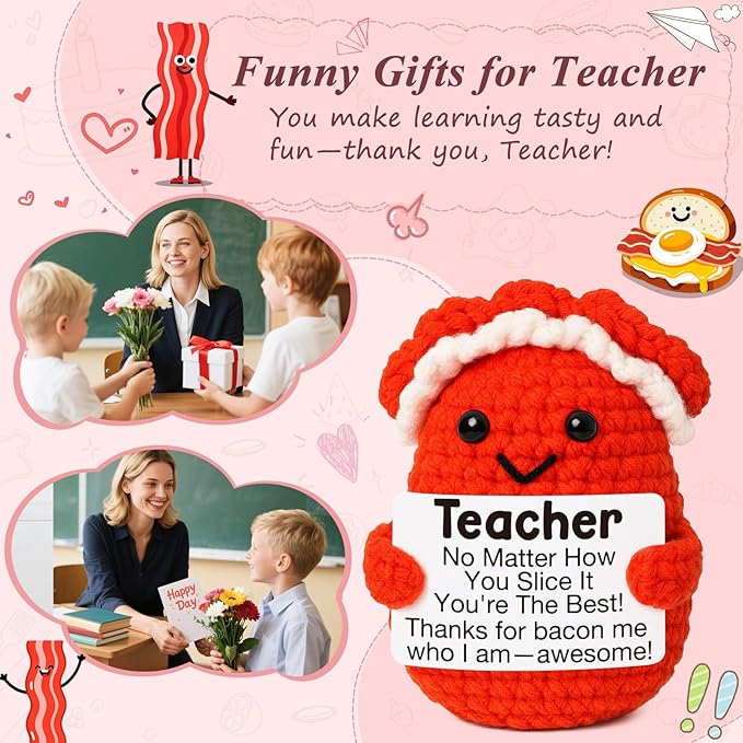 Mini Teacher Gifts Handmade Crochet Bacon for Women Teacher Appreciation Gifts Best Even Teachers for Birthday Back to School from Student End of Year Thank You Gift for Teachers Thankving Chrsitmas