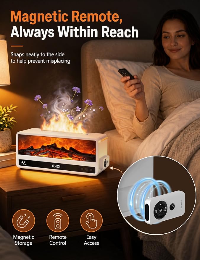 Essential Oil Diffuser for Bedroom, 250ml Aromatherapy Diffuser with Flame Effect, Remote Control, 7 Color LED Lights, Quiet Mist for Home Office and Living Room(White)