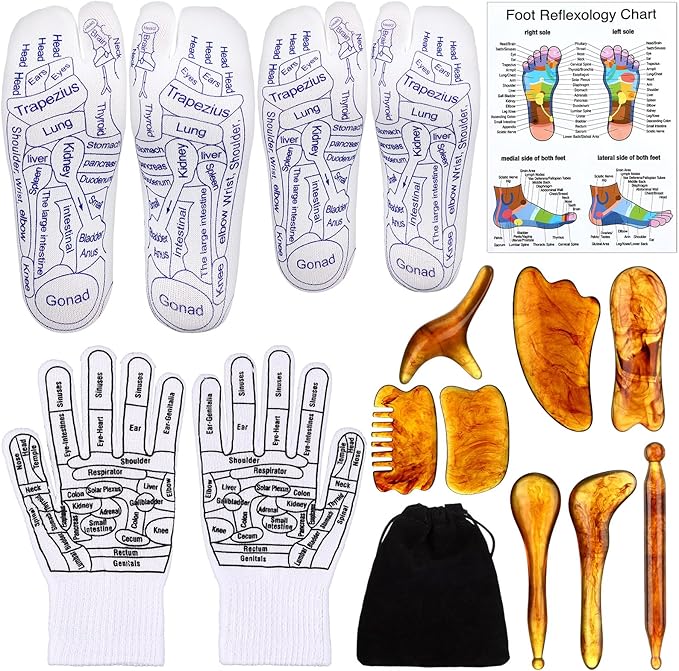 Threlaco 16 Pcs Reflexology Socks and Gloves with Tools Foot Reflexology Socks with Acupressure Gloves & 8 Pcs Massage Point Tools Foot Relief Acupressure Massager Set for Women and Men(Amber)