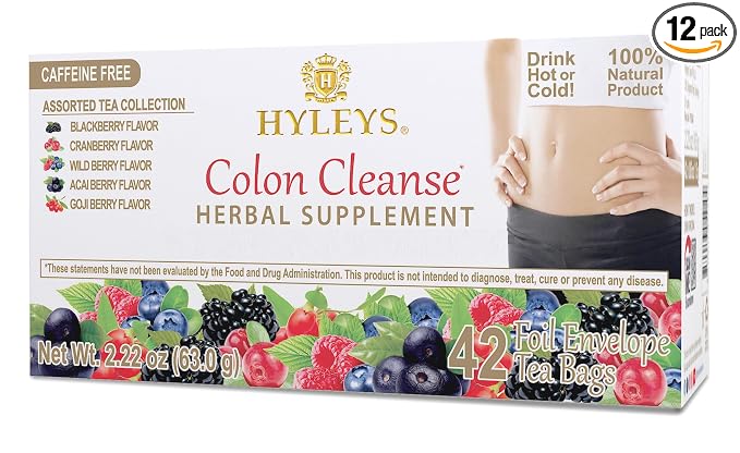 HYLEYS Colon Cleanse Tea, Assorted Flavors - 504 Individually Wrapped Herbal Tea Bags (12 Pack of 42) - Caffeine Free, Vegan