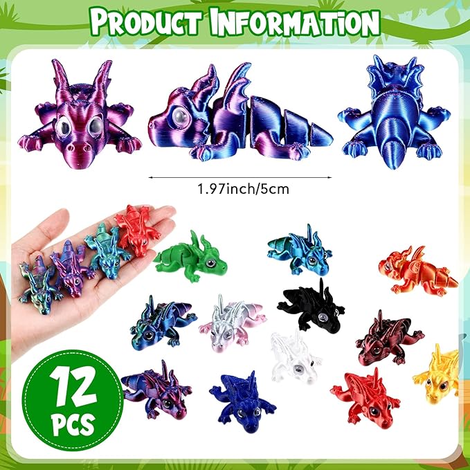 Honoson 12 Pcs 3D Printed Fidget Toy 3D Printed Dragon Small Animal Toy Flexible Cute Articulating Pet Stress Relief Fidget Toys for Play and Display(5cm)