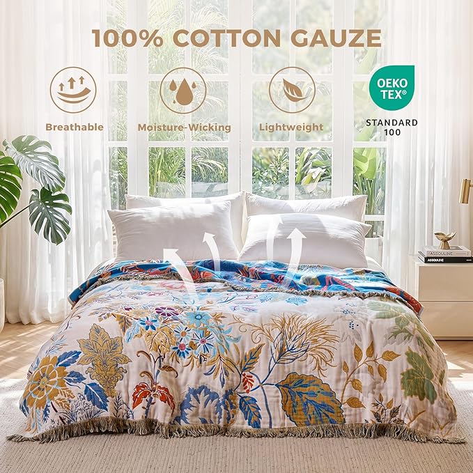 LUTBM Boho Throw Blanket for Couch 50"x60", Cotton Decorative Bed Throw | Reversible Floral Leaves Jacquard, All-Season Lightweight Breathable Blankets, For Chair Sofa Bedroom Living Room