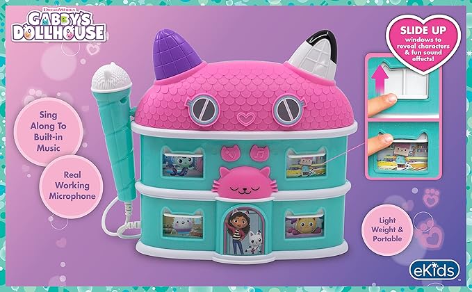 Gabbys Dollhouse Karaoke Microphone with Boombox for Fans of Toddler Toys, Kids Karaoke Machine with Built in Music (Gabbys Dollhouse)