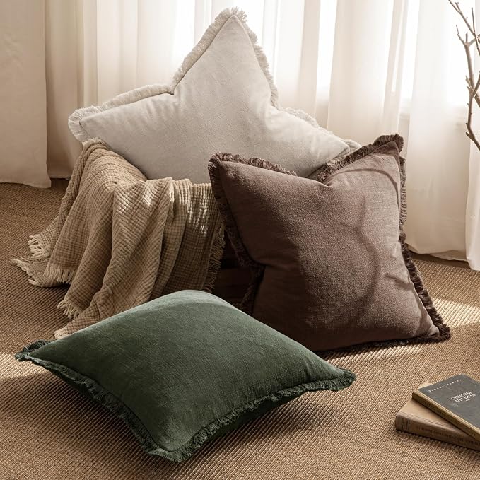 MIULEE Boho Linen Fringe Decorative Throw Pillow Covers Rifle Green 18x18 | Set of 2, Cottagecore Decor, Boho Farmhouse Neutral Pillow Covers, Rustic Couch Cushion Cases for Sofa Bed Living Room