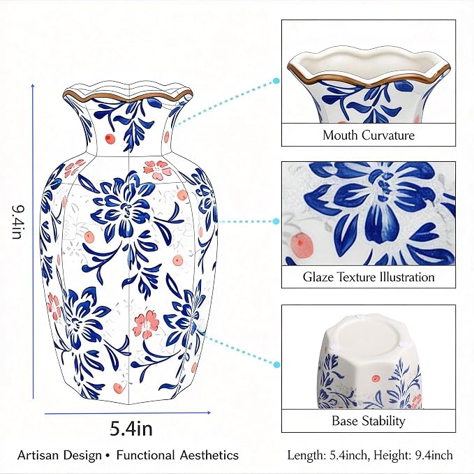 9.4 Inch Tall Ceramic Flower Vase Blue and White - Chinoiserie Decor Vase for Home Decor, Wedding Centerpiece, Gift Idea - Handmade Ceramic Vase for Fresh or Dried Flowers