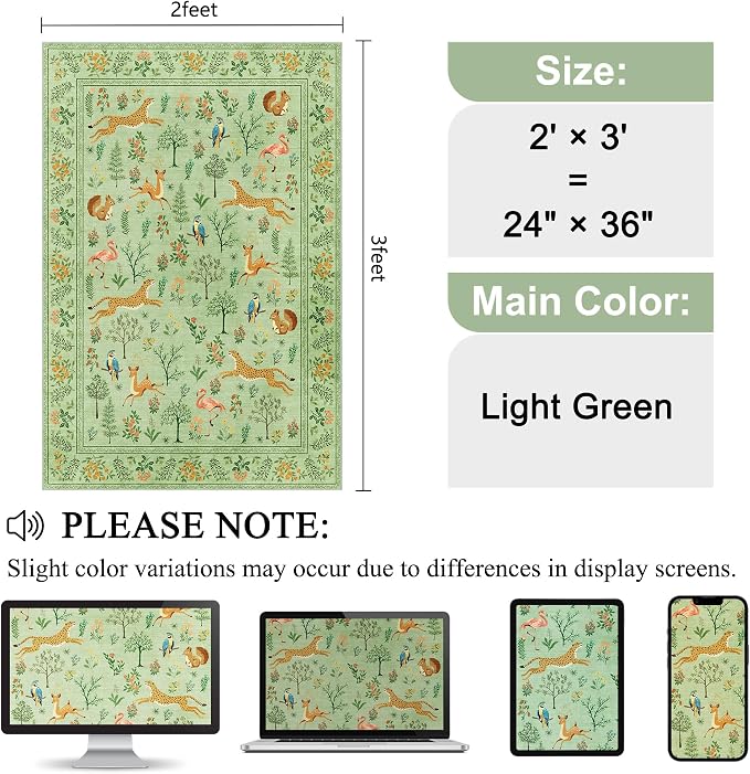 DUKINO 2x3 Entryway Rug, Washable Door Mat Animal Kitchen Rug, Light Green | Non Slip, Low Pile, Soft Indoor Small Rug for Entrance, Bedroom, Bathroom, Laundry, Pet Friendly, Lightweight, Non-Shedding