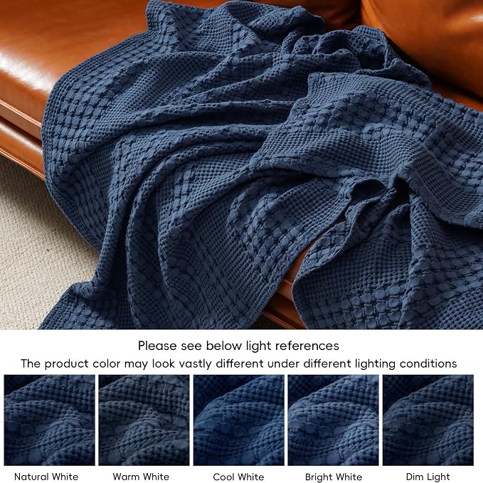 PHF 100% Cotton Waffle Weave Blanket King Size, Lightweight Breathable Summer Blanket for Hot Sleepers, Pre-Washed Soft Layer for Bed, Couch, Home Decor Gift, 108"x90", Blue Sapphire