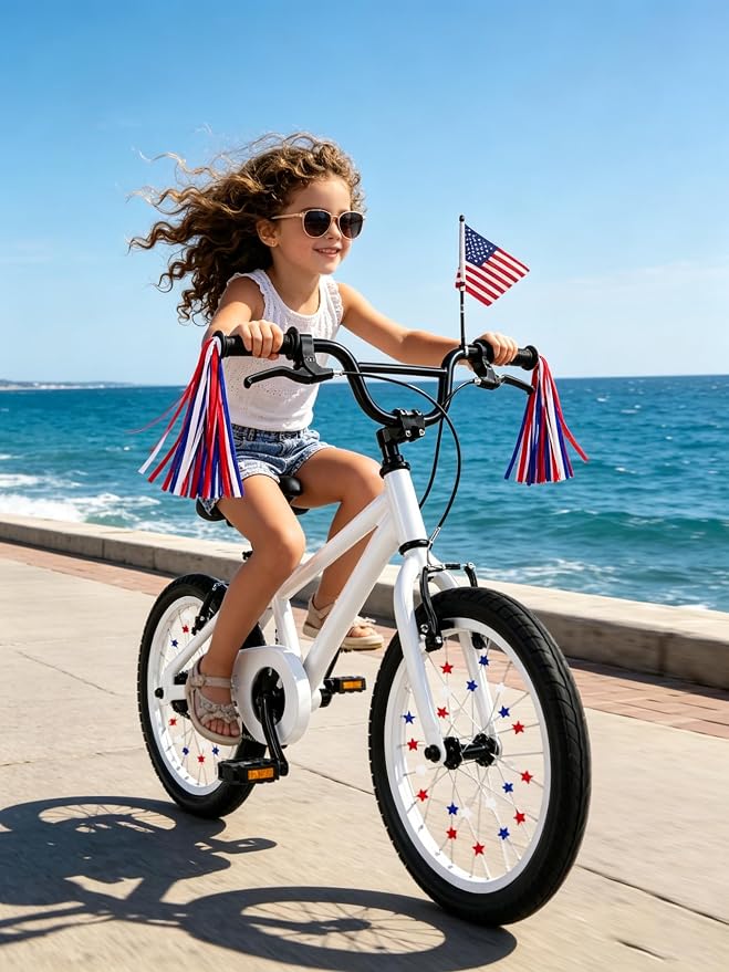 PLATT Kid's Bicycle Handlebar Streamers Colorful Ribbons Tassel for Girls Boys Bicycle Handlebar Scooter Handgrip (1Pair) (Red, white and blue stars)