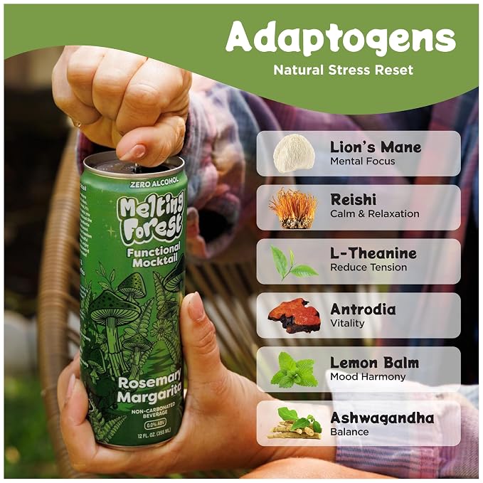 Melting Forest Functional Mocktail - 4 Variety Flavors - Alcohol-Free, Euphoric Adaptogen Drink with Reishi, Antrodia, Lion’s Mane, L-Theanine & Ashwagandha - 10 Calories, Vegan, Gluten-Free (16 Pack)