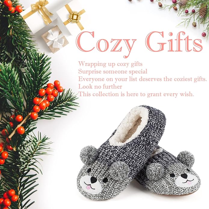 Cute Animal House Slippers, Warm Fuzzy Slipper Socks with Grippers Non Slip, Cozy Funny Gifts