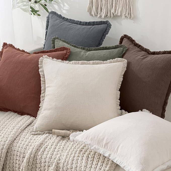 MIULEE Boho Linen Fringe Decorative Throw Pillow Covers Grey 20x20 | Set of 2, Cottagecore Decor, Boho Farmhouse Neutral Pillow Covers, Rustic Couch Cushion Cases for Sofa Bed Living Room