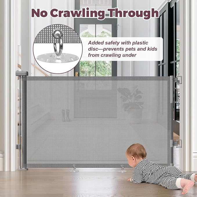 Retractable Baby Gate for Stairs & Doorways, Mesh Dog Gate Indoor Outdoor, Extends to 55" Wide 34" Tall Child Gate for Hallways, Deck, Porch, Pet Toddler Safety Essentials, Easy Install, Grey