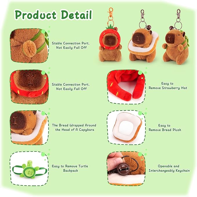 Achwishap 3PCS Capybara Plush Keychain,Cute Keychain Capybara Stuffed Animal,Soft Capybara Plush Toys Key Chain,Kawaii Plushie Stuffed Toys for Kids Adults(Turtle,Strawberry Hat,Bread)