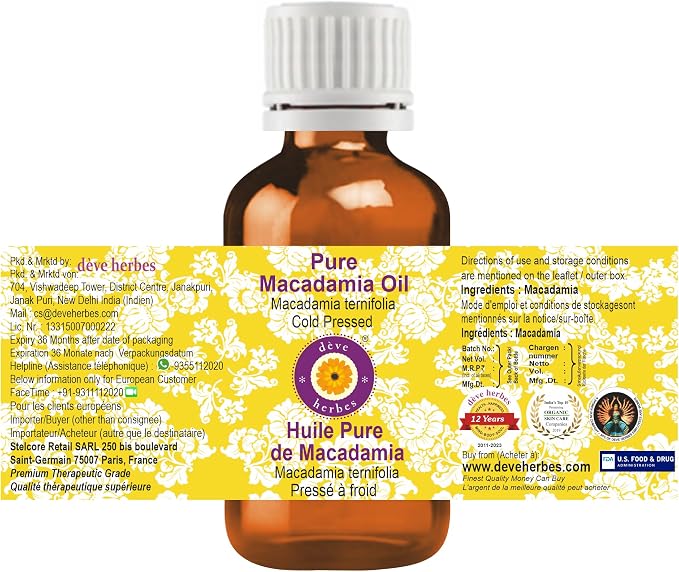 dève herbes Macadamia Oil (Macadamia ternifolia) | Cold Pressed | Pure | Natural | Undiluted | for Diluting Essential Oils | for Skin & Massage | Non-Sticky| Lightweight| Men & Women | 10ml (0.33 oz)