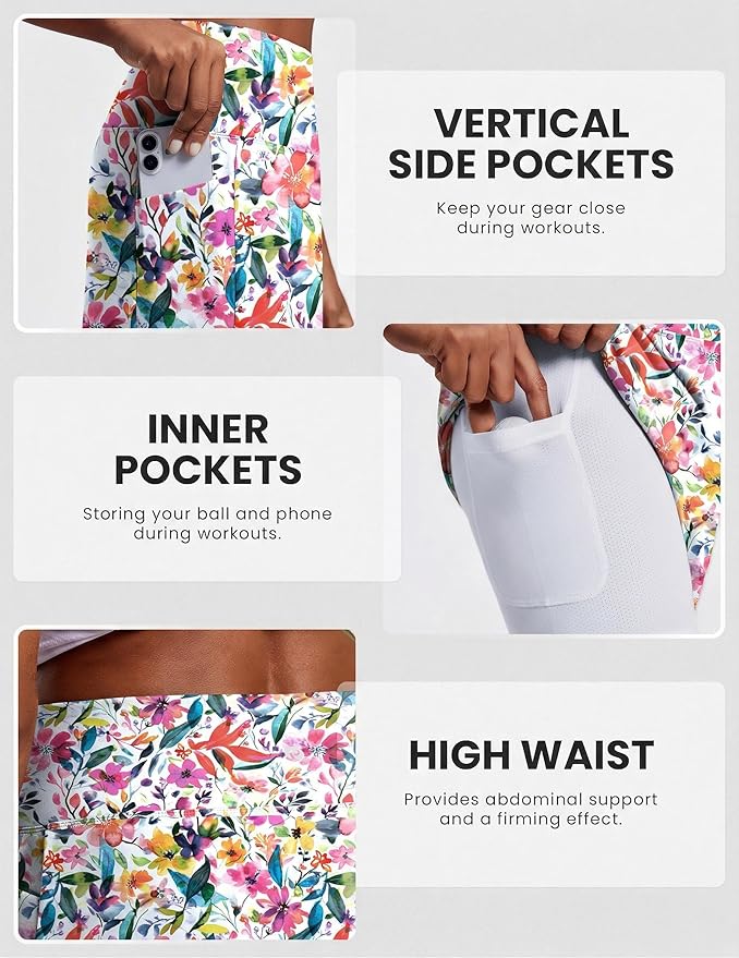 PINSPARK 19" Knee Length Skorts for Woman with Pockets UPF 50+ Golf Skirts | 4 Pockets, Built-in Shorts, High Waisted & Tummy Control, Moisture-wicking for Golf Athletic Tennis Workout Casual
