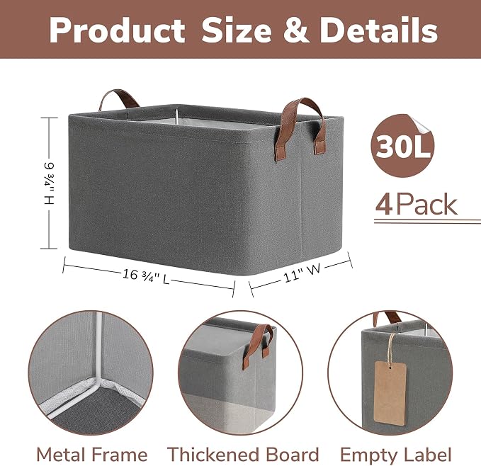 CHICVITA 4-Pack Large Fabric Storage Bins for Shelves, Metal Frame, Grey | 16 ¾" L x 11" W x 9¾" H, Collapsible Design, Clothes, Towels, Toys & Books Storage, Living Room & Bedroom Organization