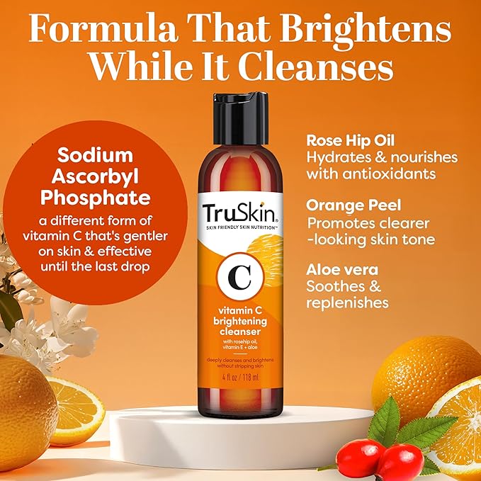 TruSkin Vitamin C Face Wash Cleanser - Brightening Facial Cleanser with Vitamins C & E, Rosehip Oil, Aloe Vera & MSM - Gently Cleanses, Refreshes & Supports Radiant Skin - 4 fl oz