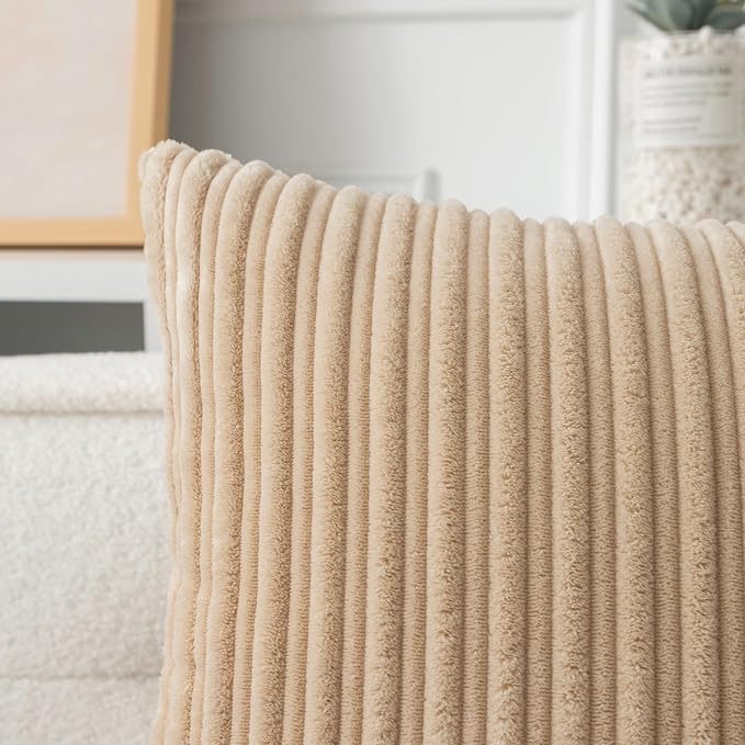 UGASA 14x20 Inch Pillow Cover Pack of 1 Soft Boho Stripe Corduroy Long Rectangular Lumbar Cushion Cover Farmhouse Decorative Throw Pillowcase for Bed, Couch, Sofa, Bedroom, Living Room, Beige