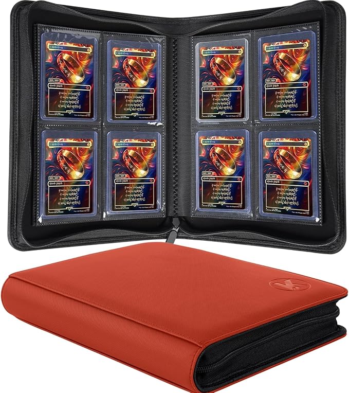 Top loader Binder, Holds 128+ Toploaders, 4 Pocket Top Loader Card Storage Case, Double-Sided Pockets for trading card in 3 x 4'' Toploaders（Red）