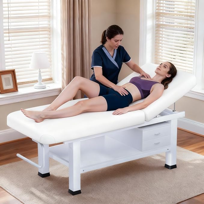 Heavy Duty Frame Professional Massage Table with Adjustable Backrest & Height Legs & Face Pillow, PU Leather, for Treatment,Physical Therapy,Spa Facial Professional Massage (Wood/With Drawers, White)