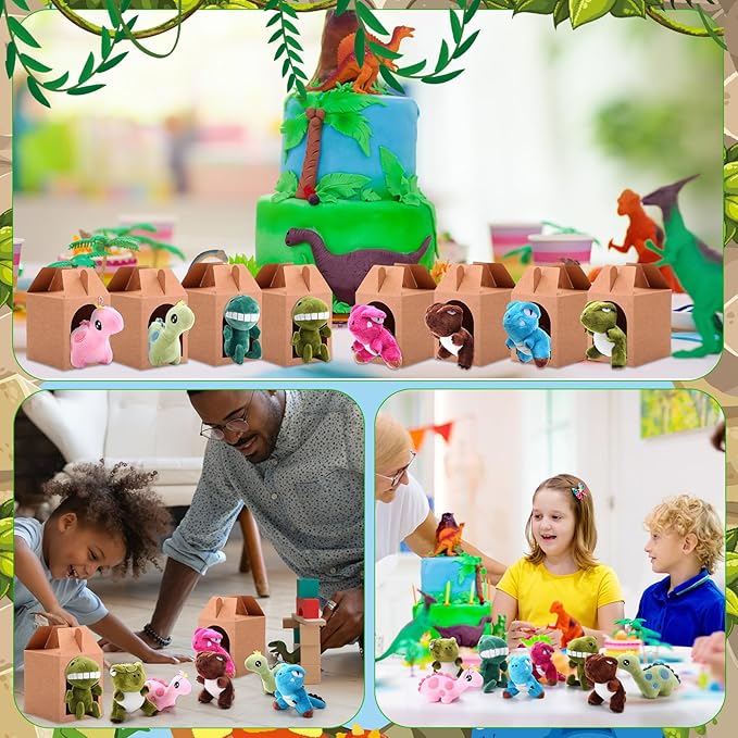 84 Pcs Adopt a Pet Party Favors 24 Mini Plush Stuffed Animals 10 White Plastic Fence 24 Paper Gift Boxes 24 Adoption Cards with Mini Chalkboard and Artificial Lawn (Dinosaur)