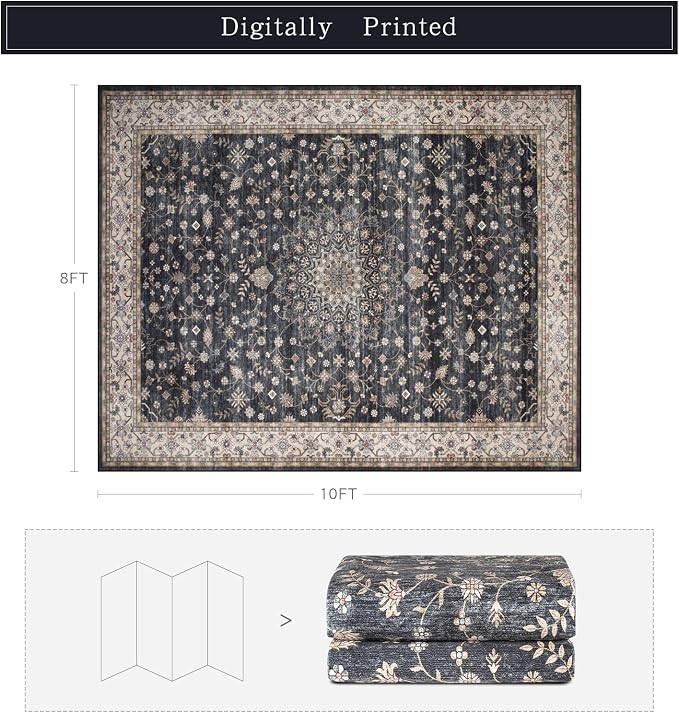 Srugn Washable Rugs 8x10 Area Rugs for Living Room,Rugs for Bedroom,Large Carpets,Ultra Soft Faux Wool Retro Dining Room Rug,Non Slip&Non-Shedding Low Pile Vintage Print Rug for Home Office-Black
